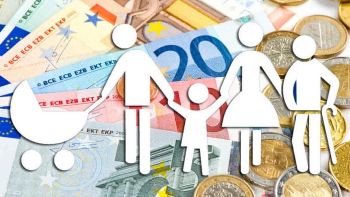 Assegno unico per figli Banconote con immagini stilizzate di famiglia