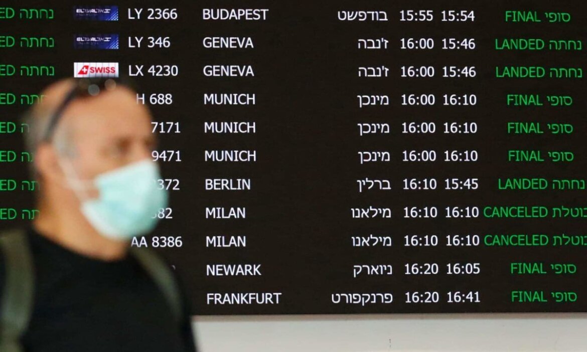 uomo con mascherina e tabellone delle partenze aeree