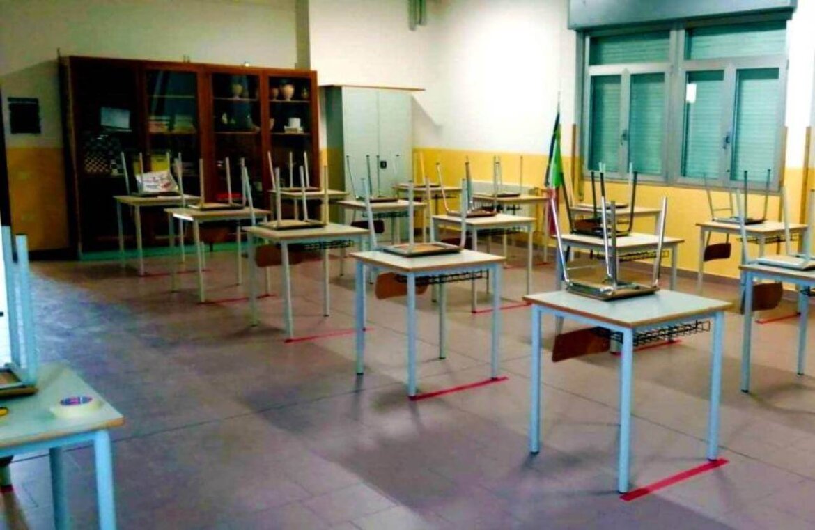 banchi di scuola in classe Banchi di scuola distanziati in classe